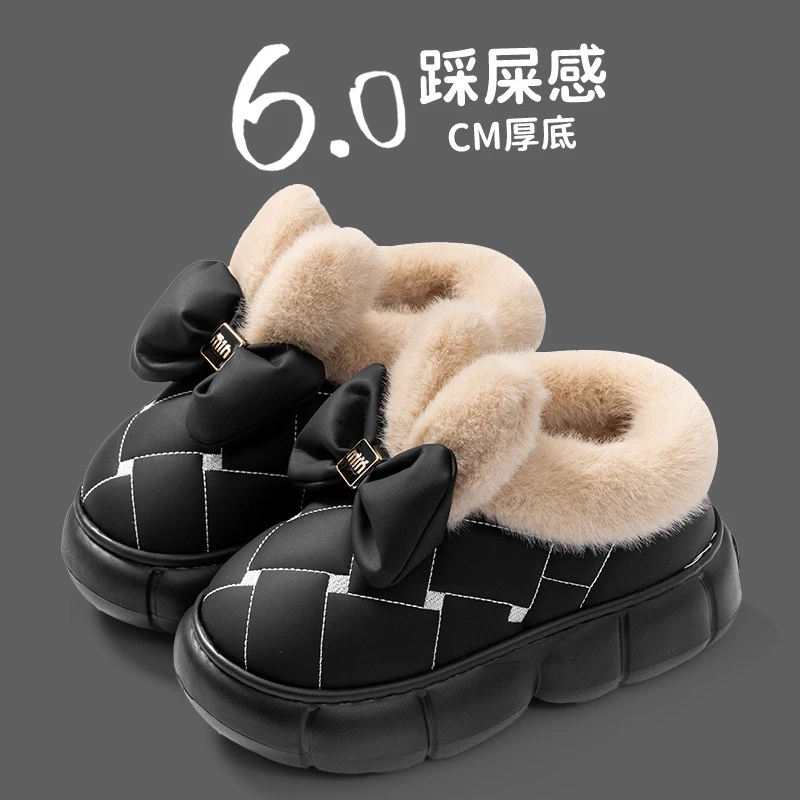 2025冬季新款靴子蝴蝶结高帮棉鞋女款居家室内外厚底防滑防水室外