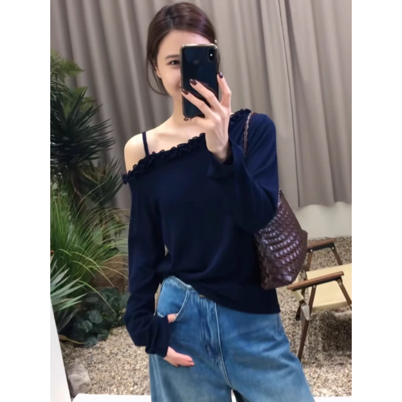 高级感花边针织衫长袖女装早秋季2025新款斜领露肩上衣打底衫女士