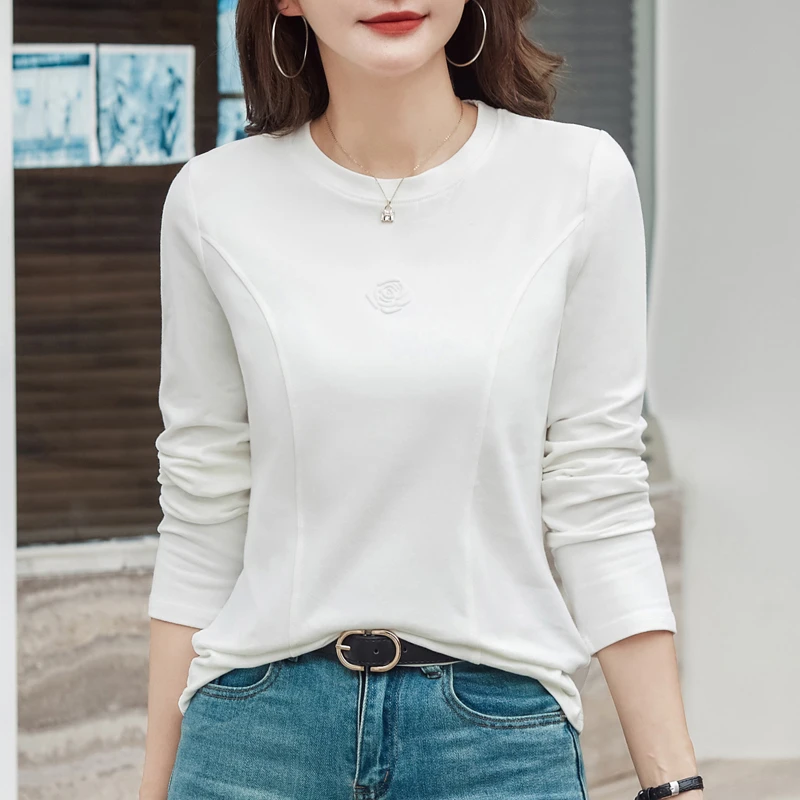 玫瑰印花设计立体线长袖T恤女秋季新款时尚休闲基础百搭白色打底