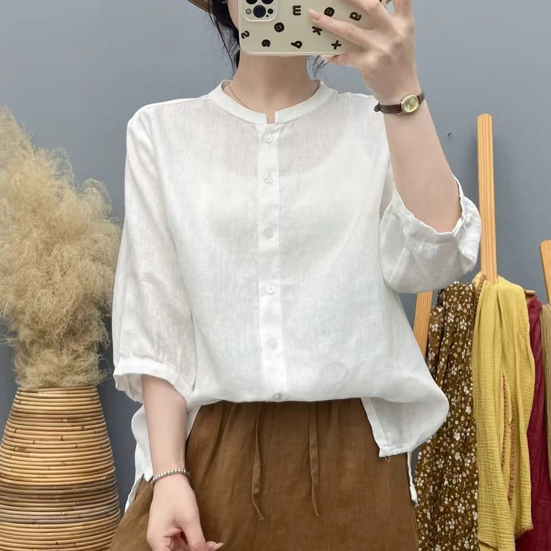 【亚麻系】夏季新款100亚麻纯色短袖衬衫圆领上衣小众女装洋气显瘦