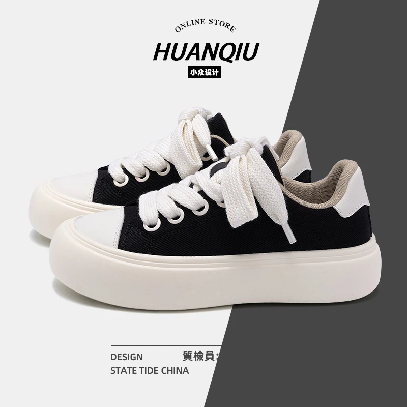 环球板鞋男2025秋季新款复古厚底休闲鞋男士透气百搭黑色帆布鞋潮
