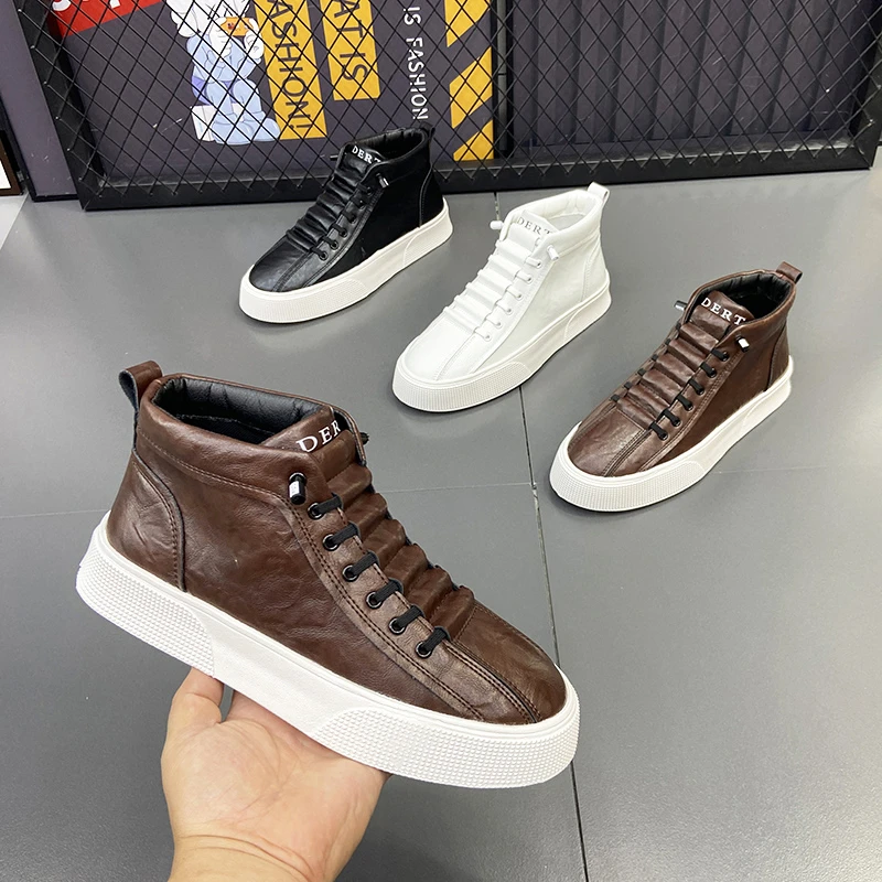 秋季皮面2025百搭一脚蹬轻奢小白鞋厚底休闲高帮板鞋软底软面男鞋