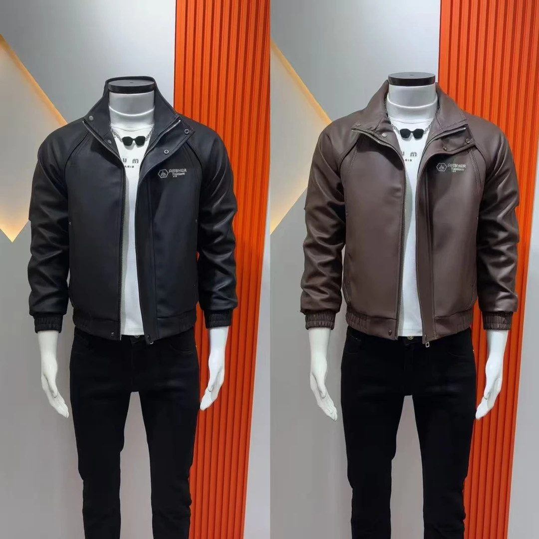 男士休闲皮衣冬款加绒时尚百搭皮夹克韩版修身立领高级大气男皮褂