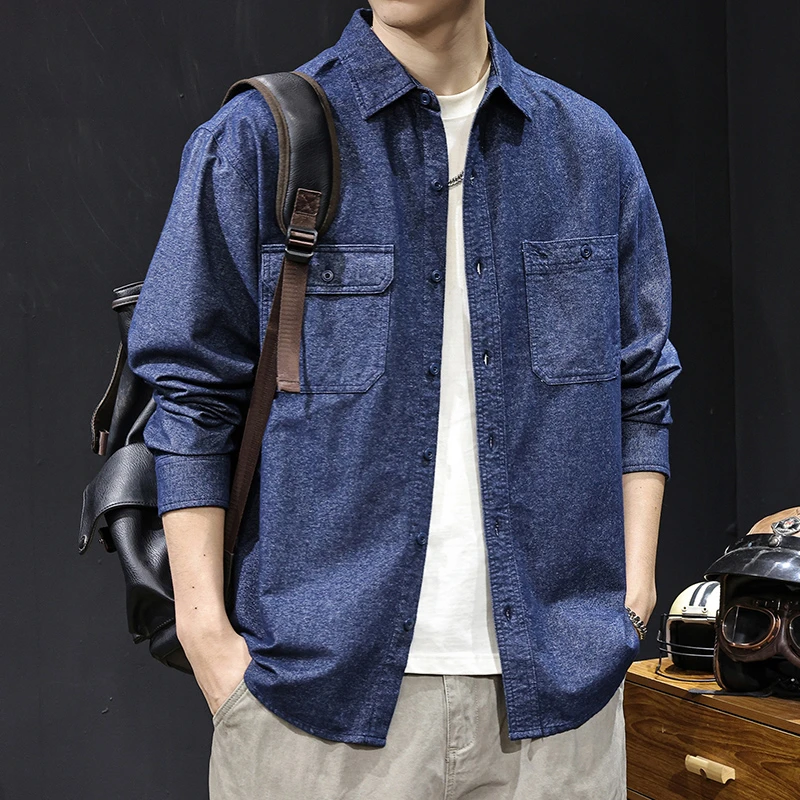 MR.MUDI/穆迪先生美式复古牛仔衬衫宽松休闲外套男士春秋款衬衣