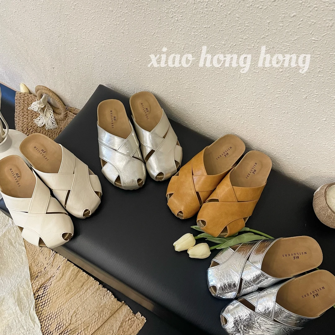 【小红红】2025夏季新品复古韩版菠萝包头半拖镂空拖鞋百搭舒适软底