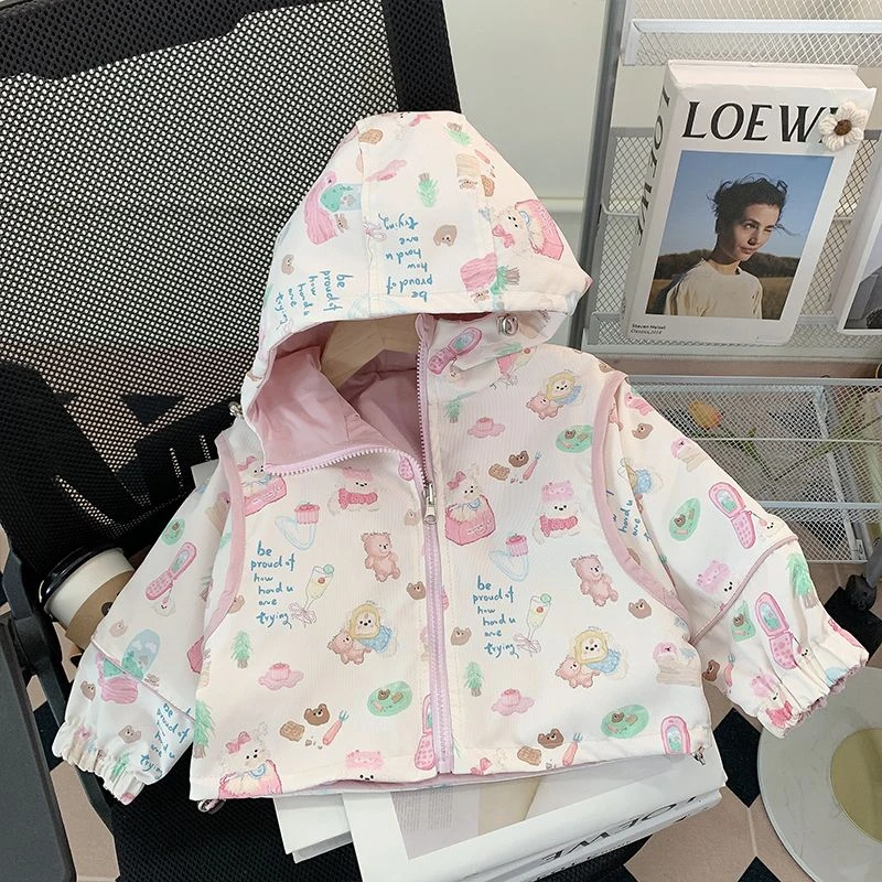 女童外套秋季2025新款秋冬小童两面穿春秋加绒连帽上衣儿童冲锋衣