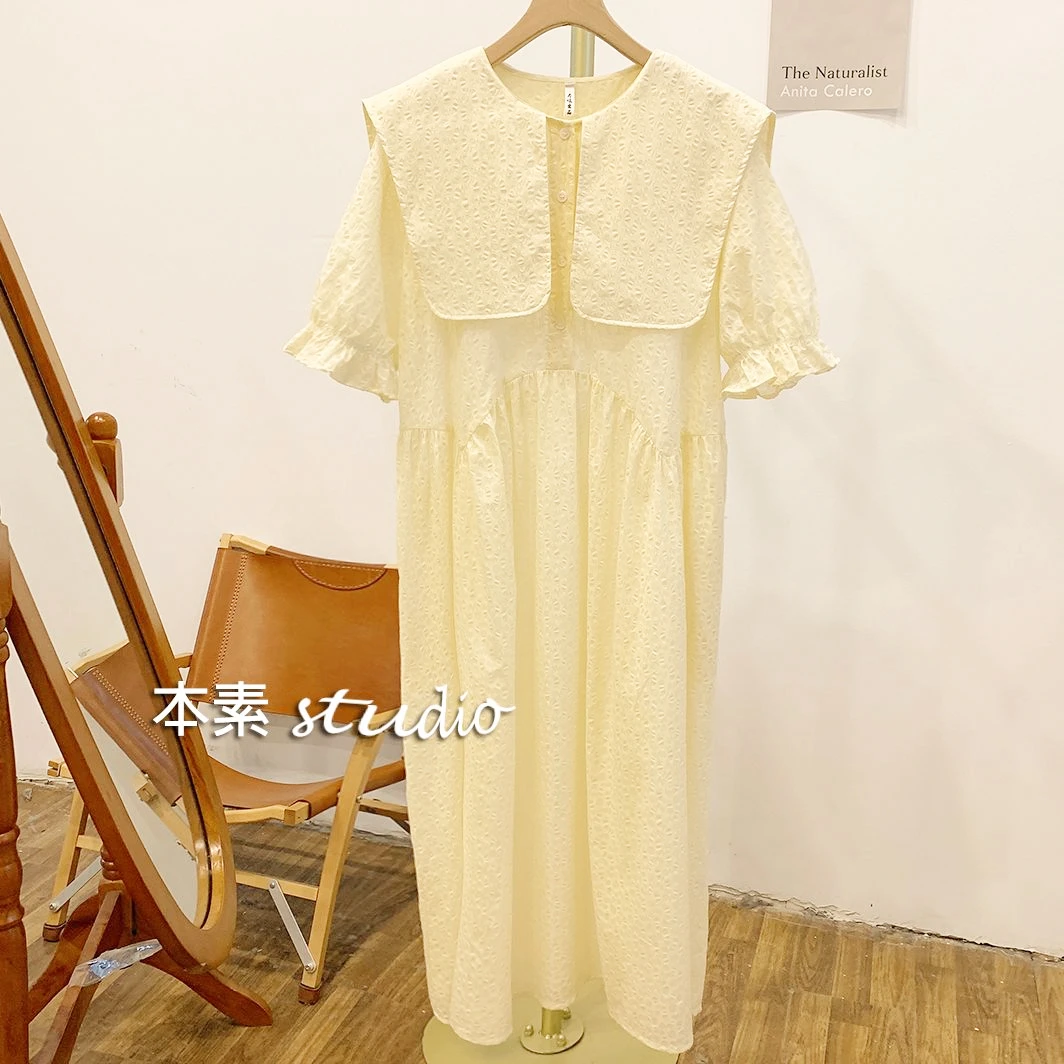 C0345-黄 泡泡纹半开扣方形娃娃领短袖连衣裙