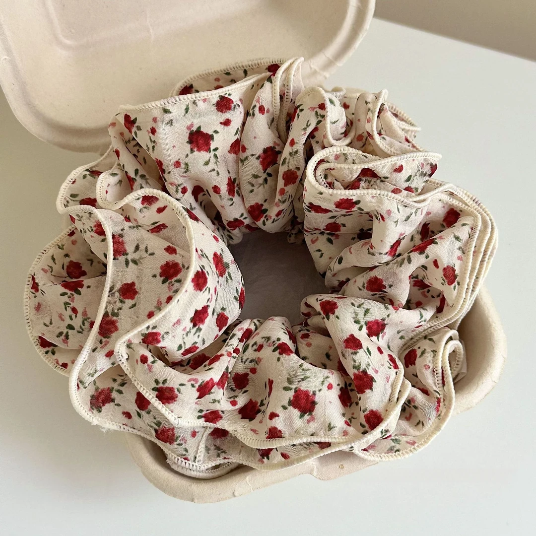 玫瑰庄园~复古韩系印花玫瑰发圈四层立体挺廓发绳扎发低马尾发饰