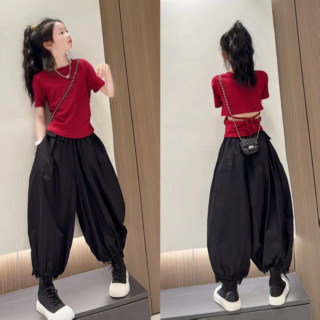 女童2025夏季季新款灯笼裤红色短袖修身设计感薄裤子