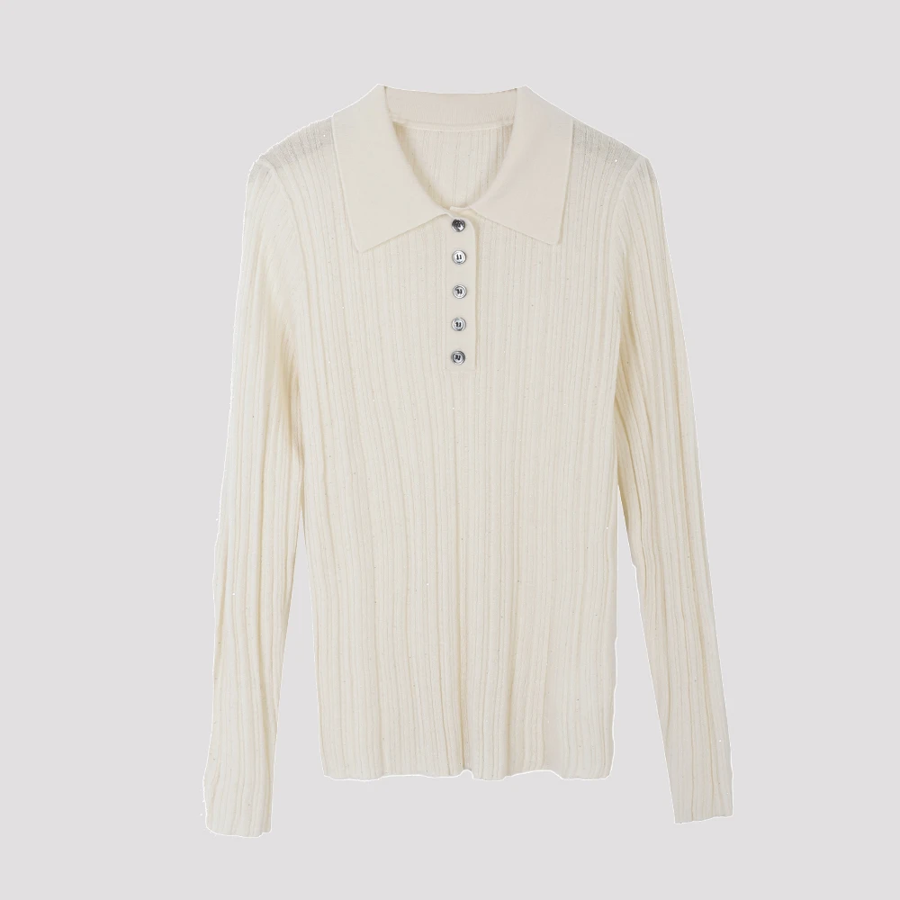 羊毛杉坑条翻领亮片长袖毛衣秋季保暖百搭针织杉上衣女33968