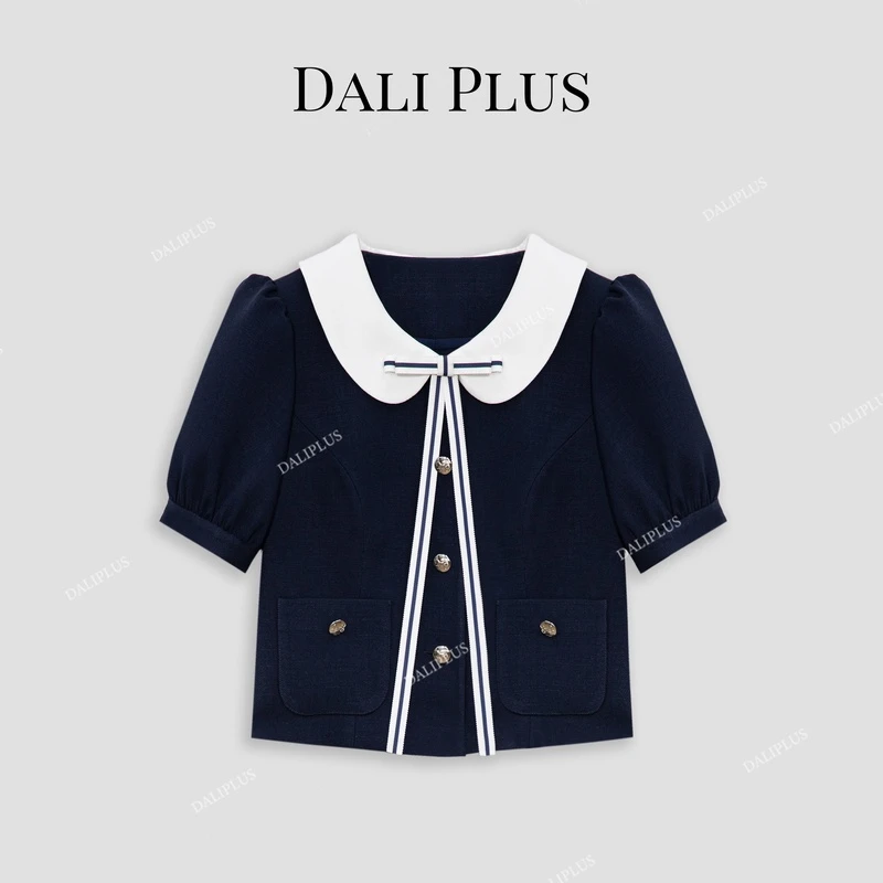 DALI PLUS法式学院风撞色蝴蝶结藏青色醋酸小香外套-D4MX0012