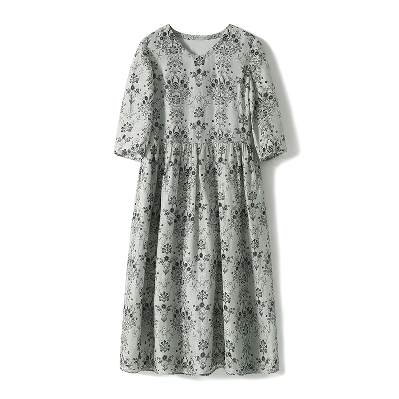 【九月木兮】烟雨落江南新中式亚麻桑蚕丝碎花连衣裙S71694QZZMG