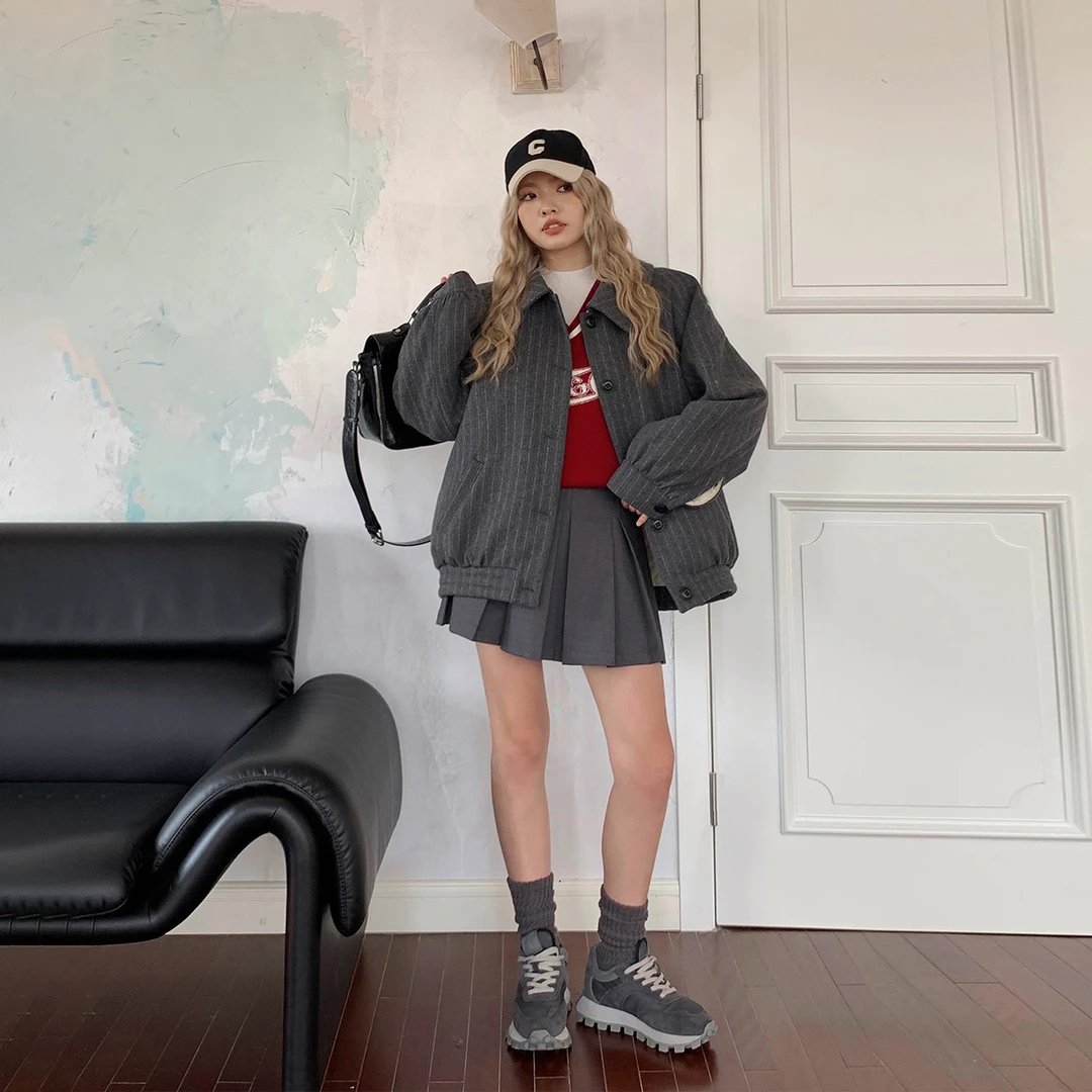 晶咕白标晶咕家微胖定制短款竖条纹外套女秋冬大码上衣