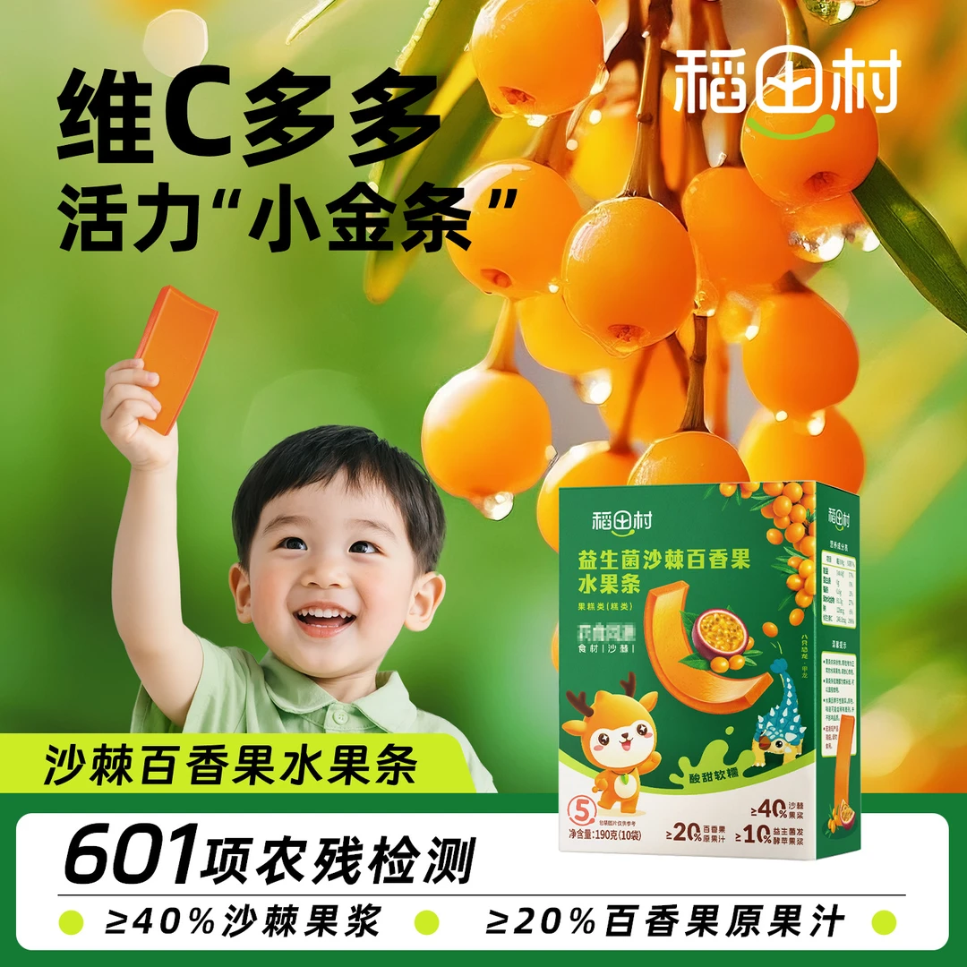稻田村儿童营养果肉条零食 沙棘百香果水果条 单条独立装