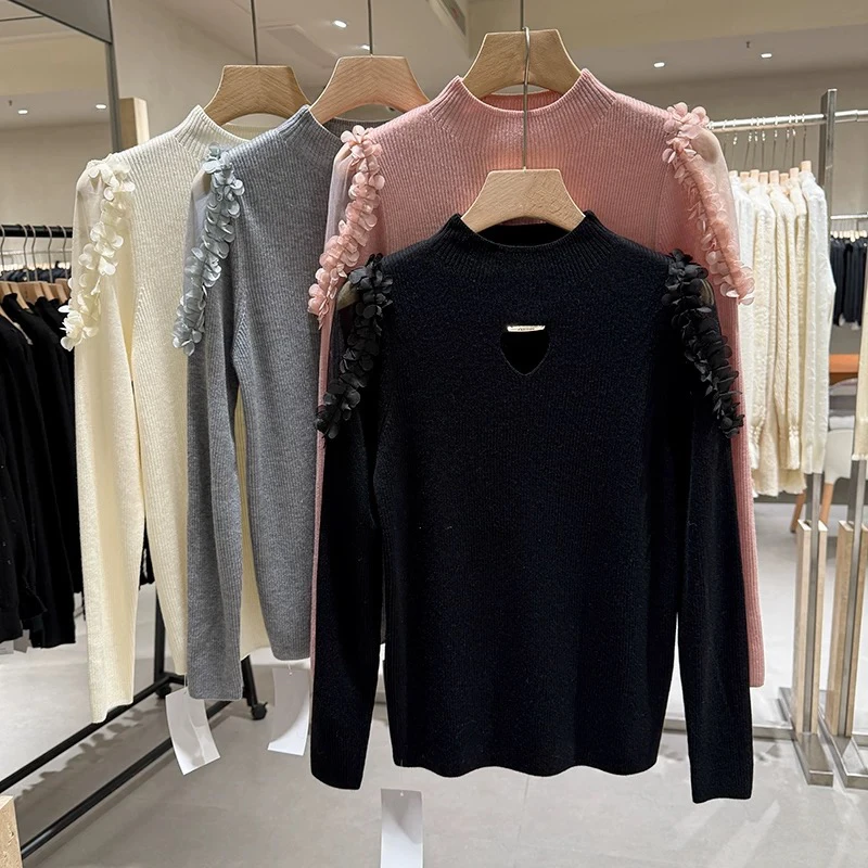 2025花朵边边露肩设计针织衫66335