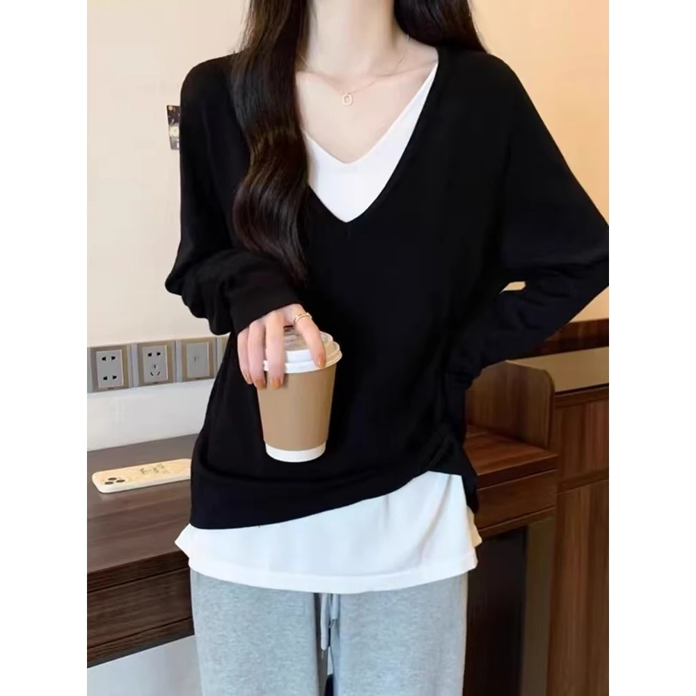 （三万）假两件V领长袖衫女春新款大码胖mm遮肚藏肉)冷水清洗8718