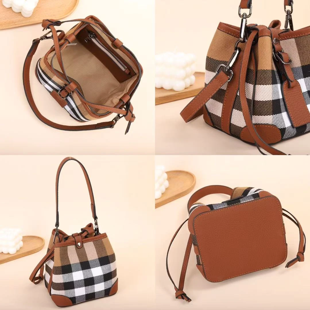 欧美时尚休闲真皮妈妈包水桶手提包高档格子女包牛皮单肩斜挎包