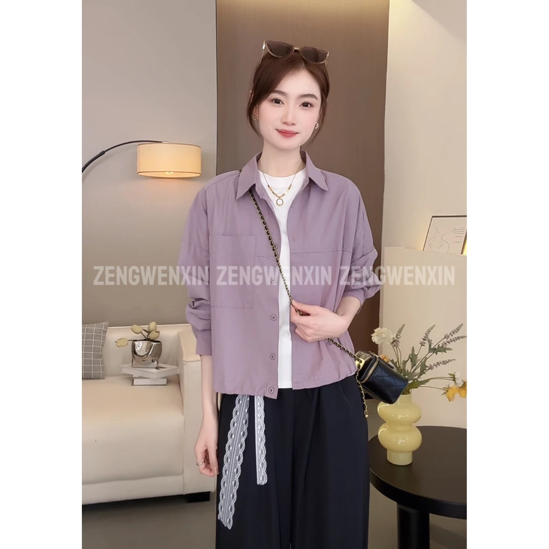 文艺翻领短款穿搭圆弧抽绳下摆长袖衬衫外套