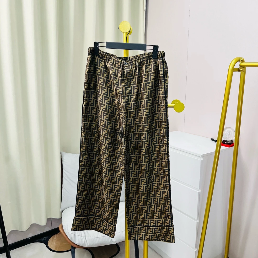 99新 FENDI/芬迪 棕色满印桑蚕丝长裤 40码