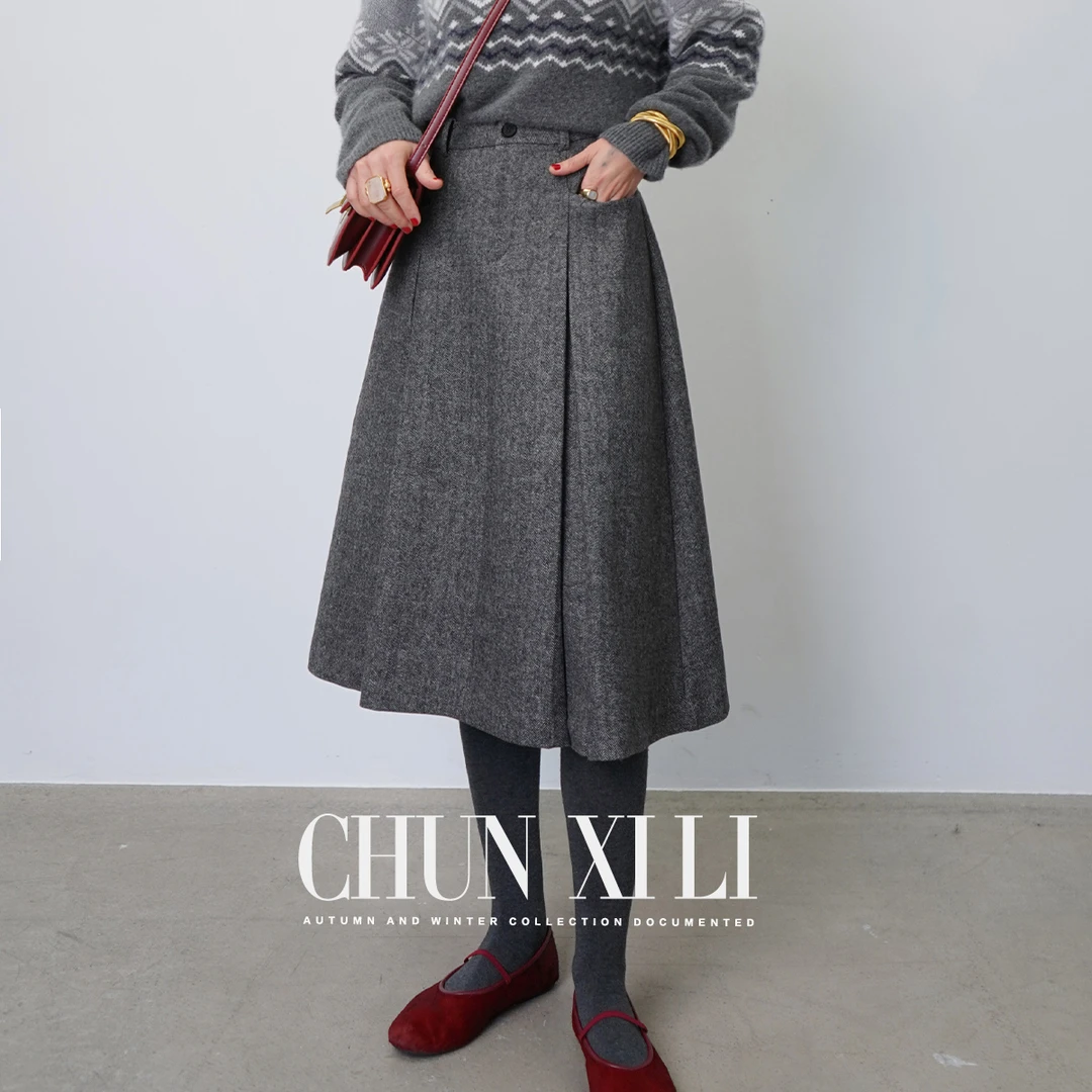CHUNXILI/春熙里 小众设计感毛呢半身裙D00B51001
