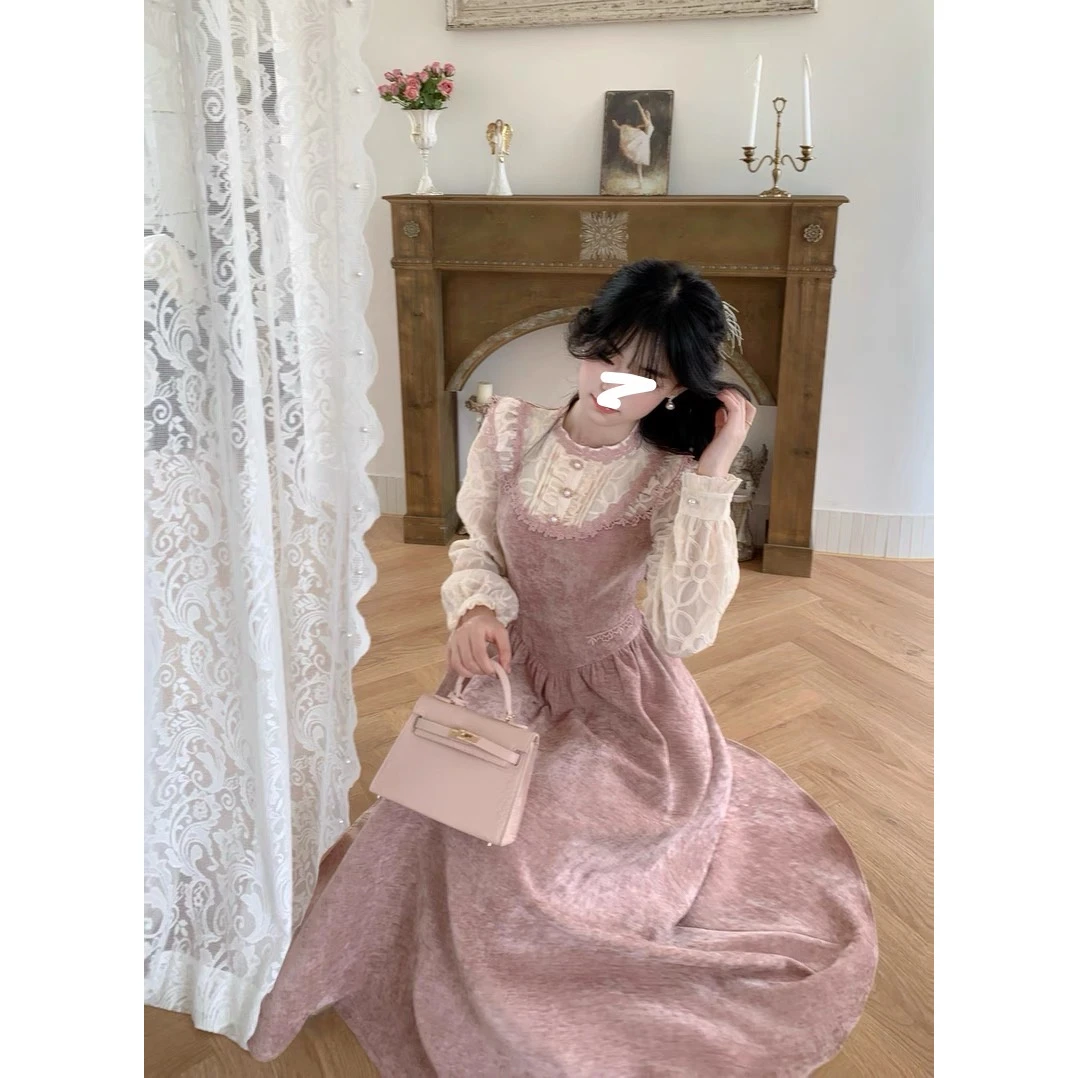 早秋新款梦幻法式显瘦复古宫廷风公主裙假两件连衣长裙