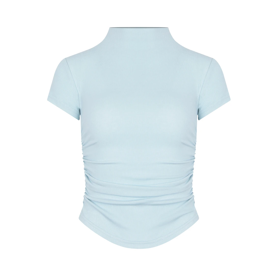 自制纯欲正肩显瘦纯色半高领短款上衣辣妹ins紧身短袖T夏季