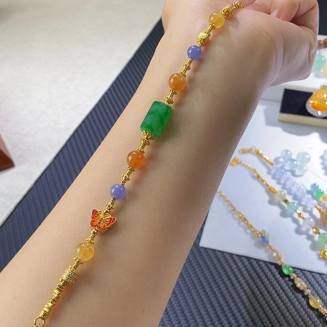 翡翠手链足金镶嵌盘缠手串