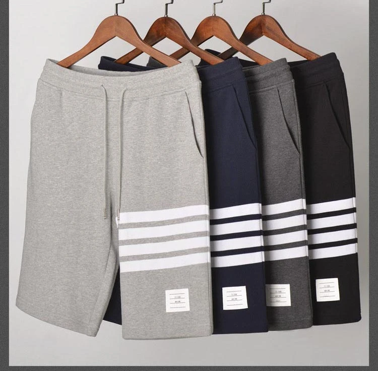 经典纯棉休闲短裤四杠款夏季男女同款情侣款抽绳休闲裤宽松灰色