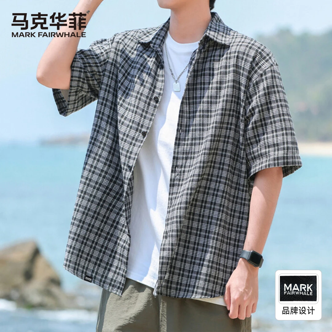 马克华菲美式短袖衬衫男夏红色宽松半袖格纹外套男士休闲衬衣