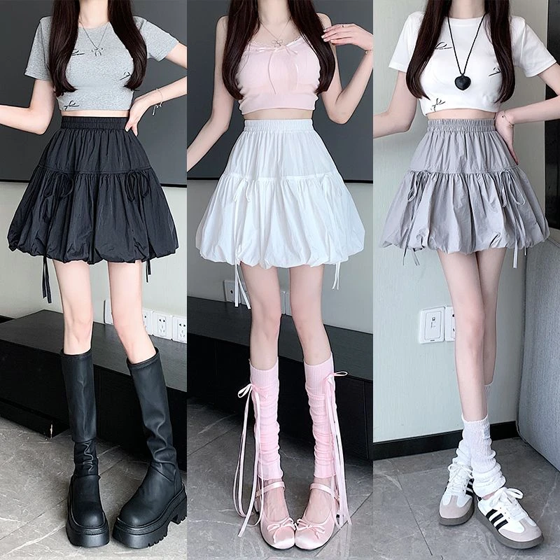 云朵蓬蓬裙感高腰A字花苞褶皱半身裙灯笼短裙夏季时尚