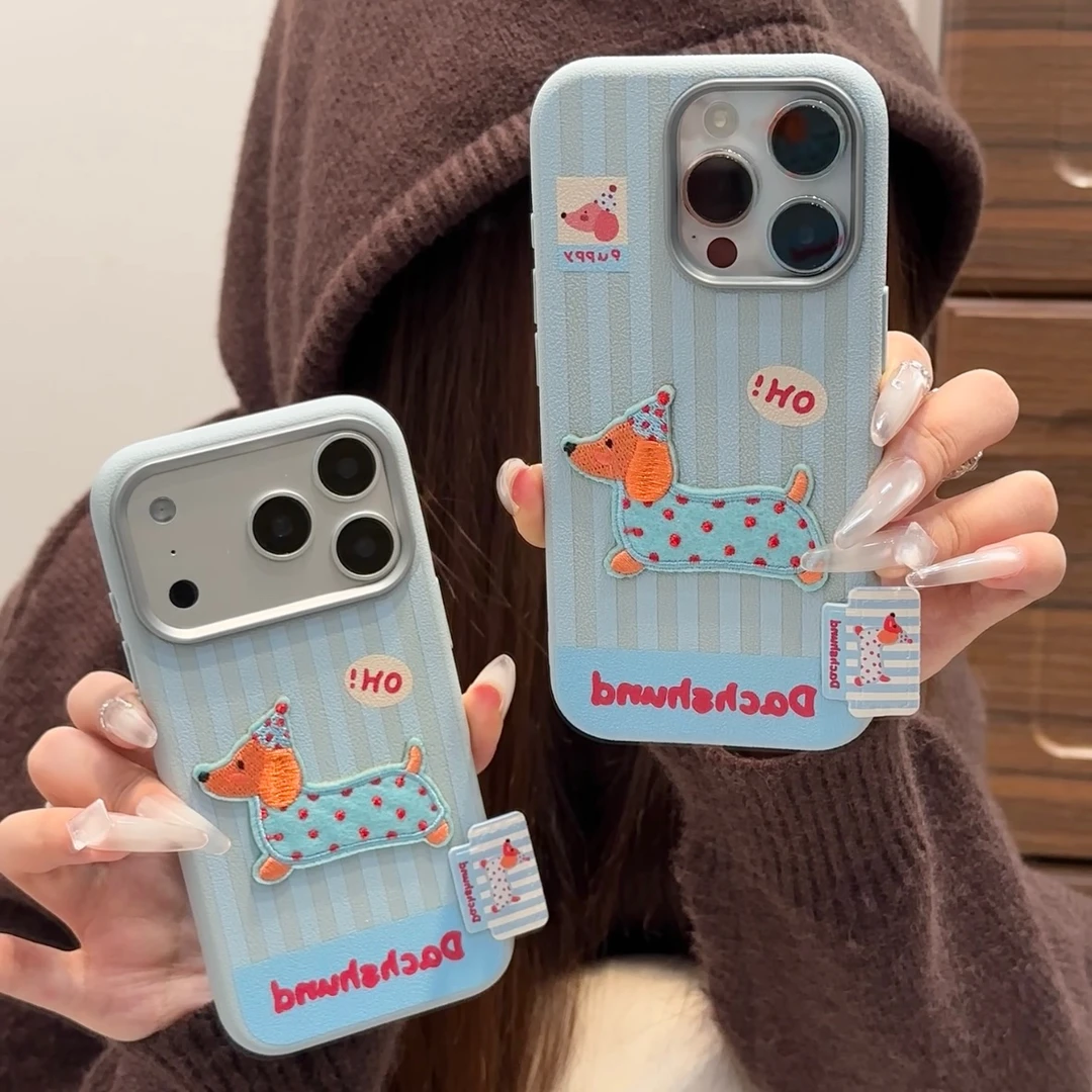 ins风波点刺绣小狗标签适用苹果17/16/15手机壳华为vivo小米oppo
