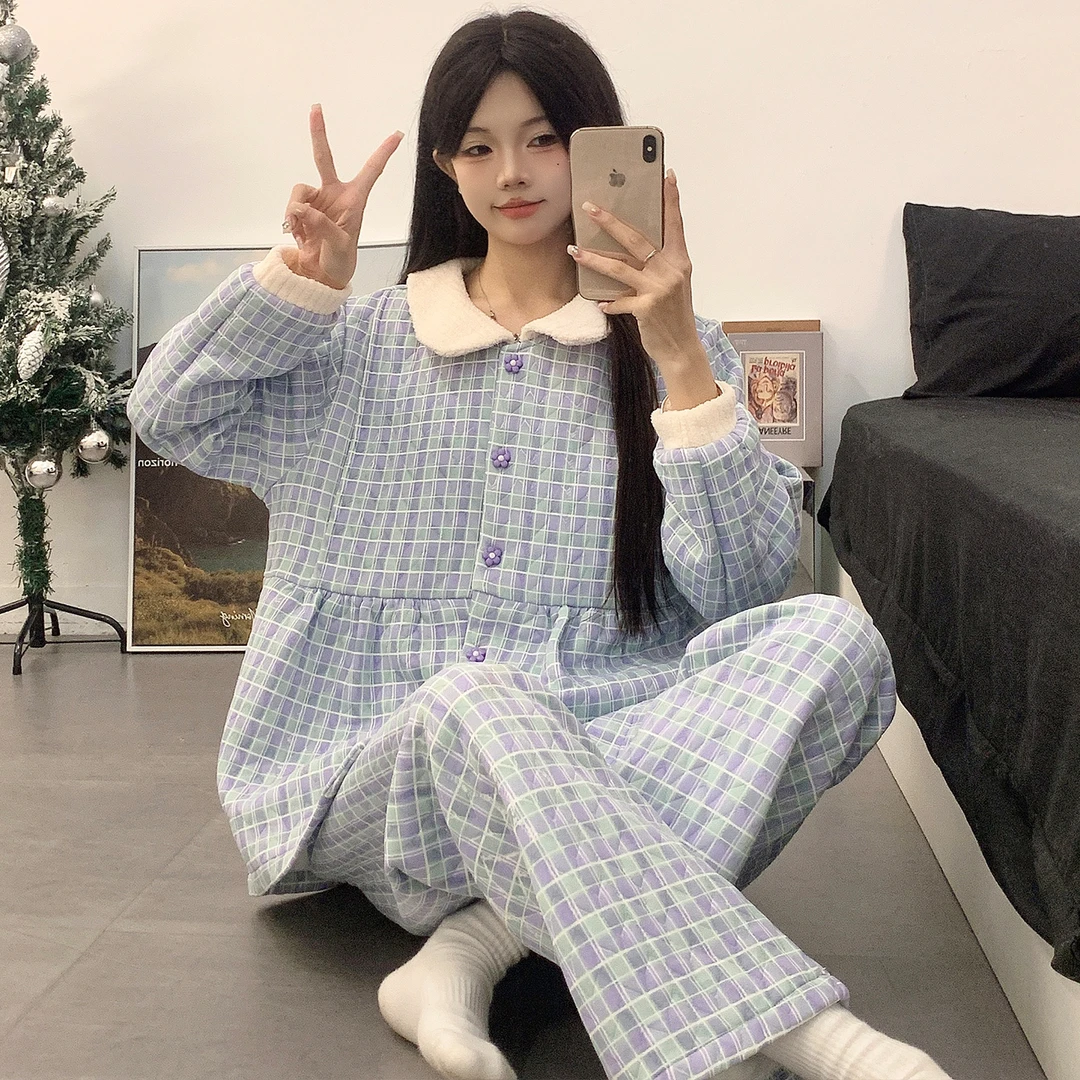 空气棉带胸垫月子服秋冬加厚保暖格子孕妇睡衣哺乳春秋产后家居服