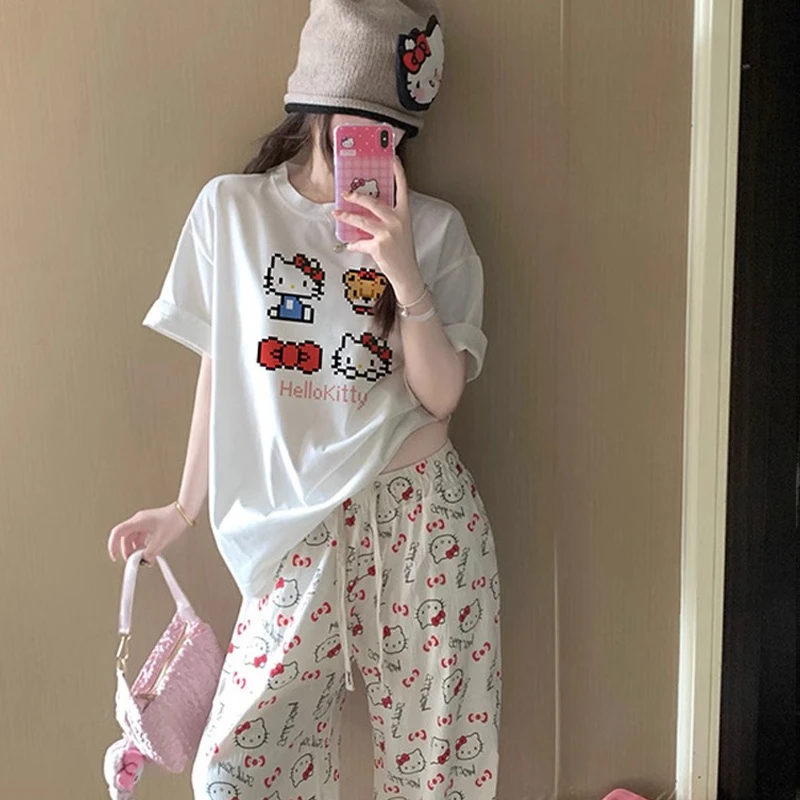睡衣女夏季新款短袖长裤棉质套装卡通甜美hellokitty宽松家居服