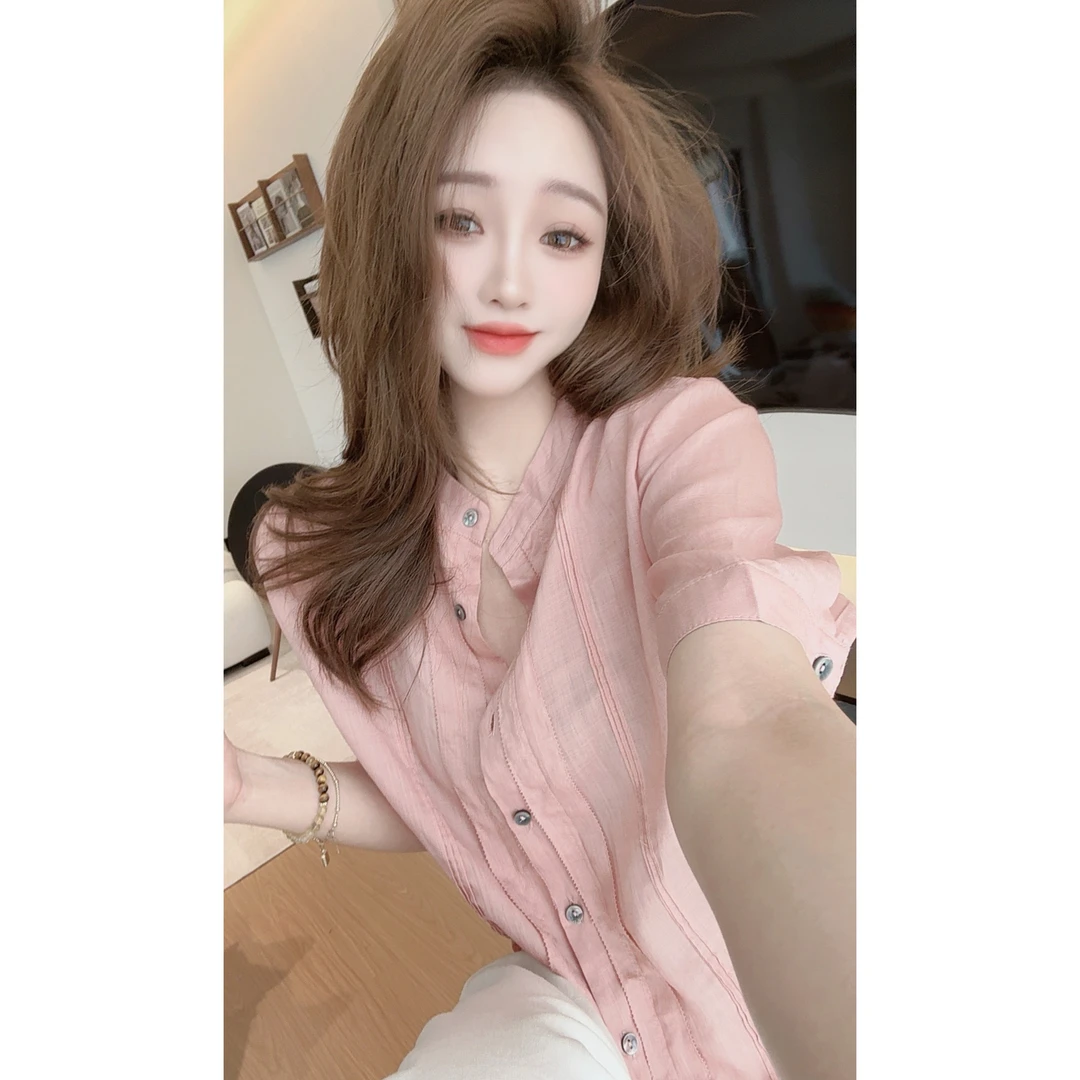 【陈陈私服】洋气休闲纯色苎麻衬衫简约时尚短袖衬衣女25051401