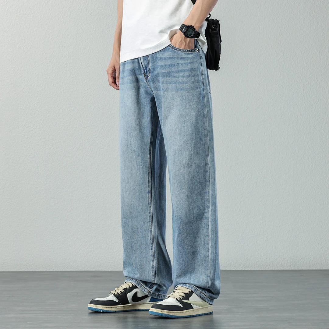 莱赛尔天丝牛仔裤男2025夏季薄款直筒长裤复古宽松垂感阔腿裤子男