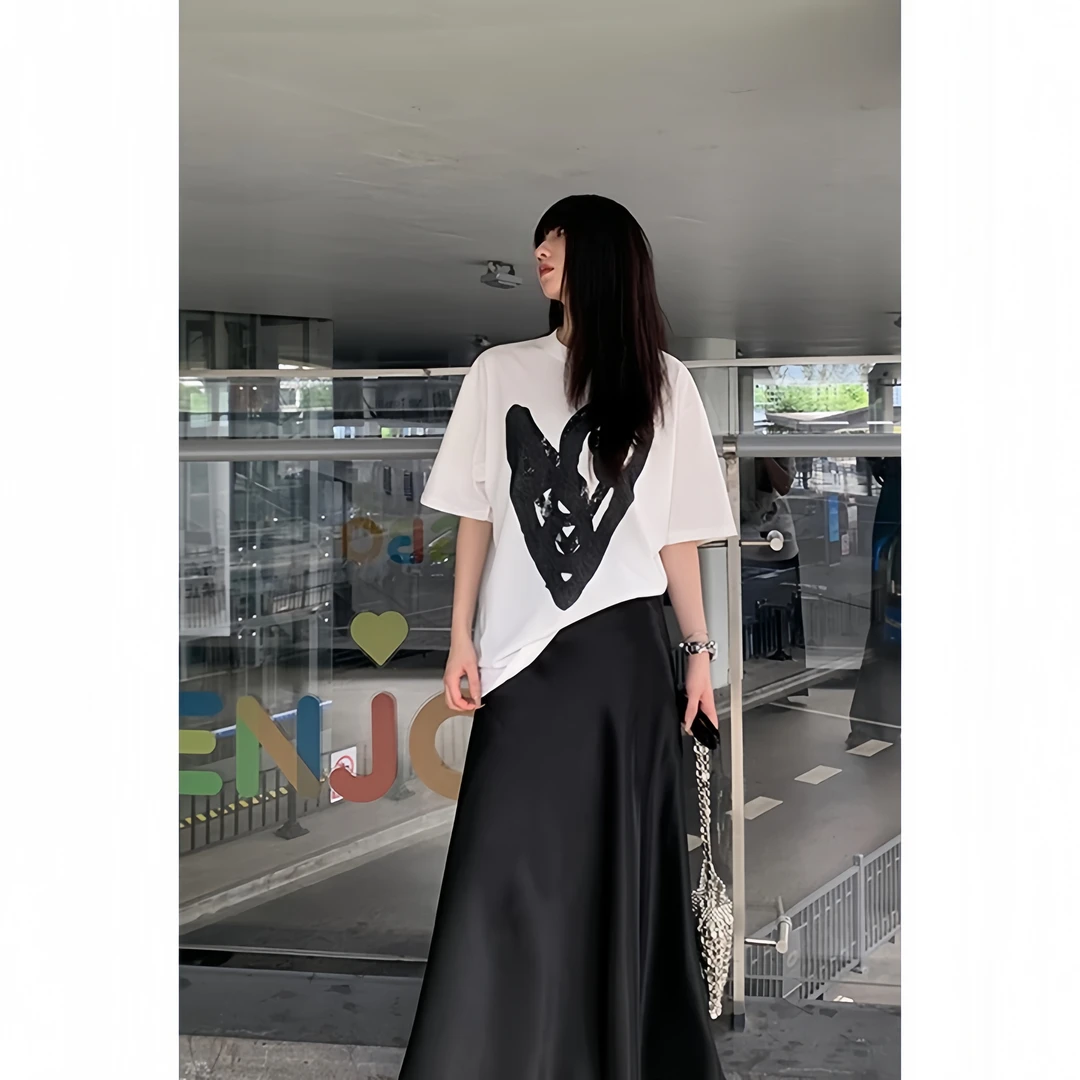 【清苍 爱心派对】夏季白色纯棉百搭休闲透气宽松爱心印花短袖