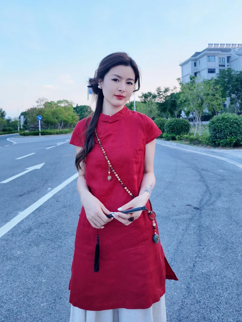 YILE·【止语短袖旗袍】禅意复古中式手工盘扣100%亚麻旗袍连衣裙