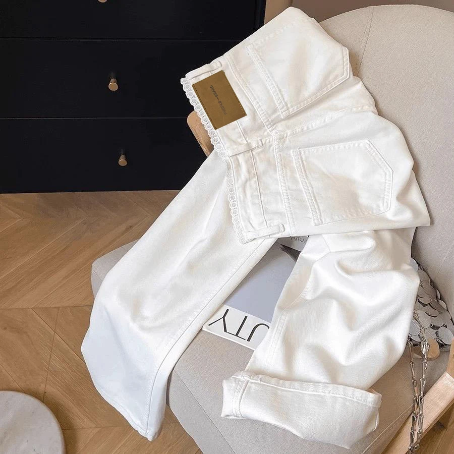 【送腰带+运费险】白色蕾丝边夏季新款高腰牛仔裤女显瘦窄版阔腿裤