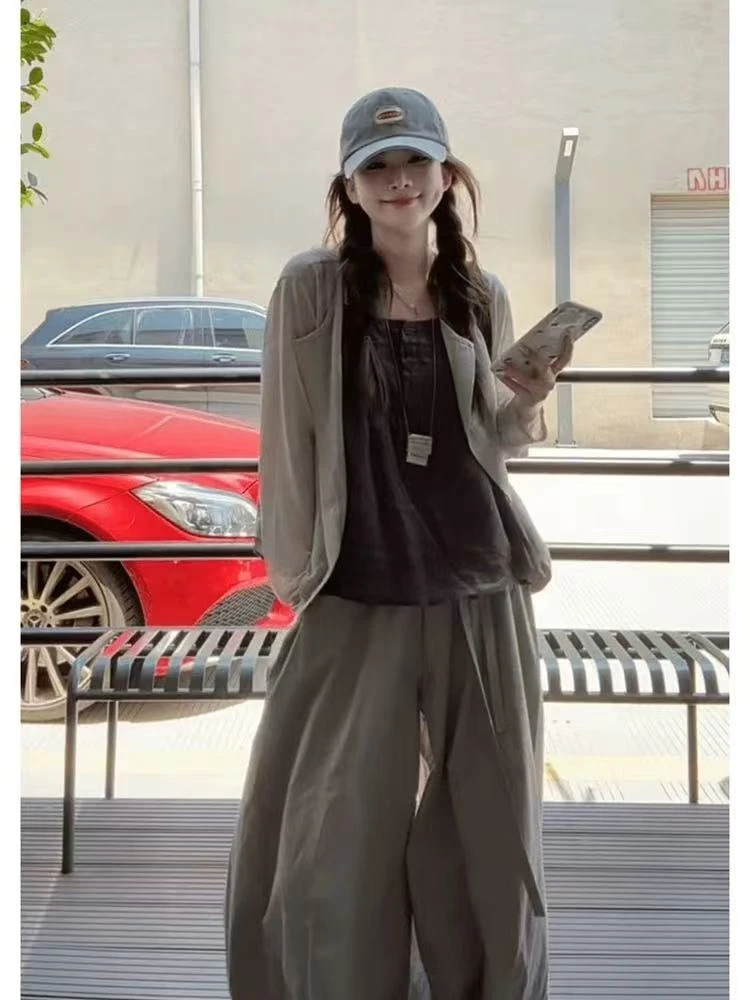 大码胖mm早秋韩系穿搭套装慵懒松弛感开衫➕阔腿裤➕吊带背心三件套