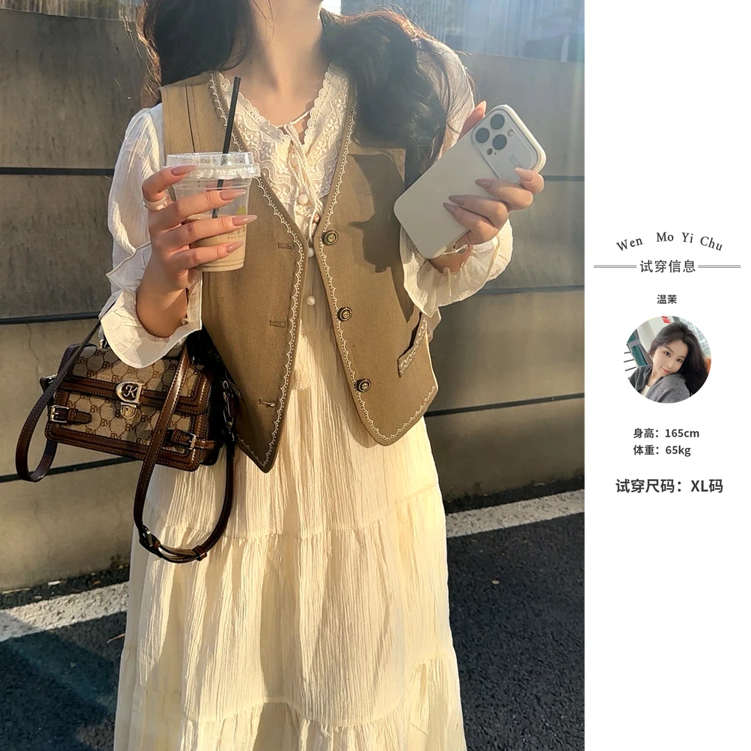 【温茉定制】法式v领透气清新花边休闲白色内搭长款连衣裙948T22