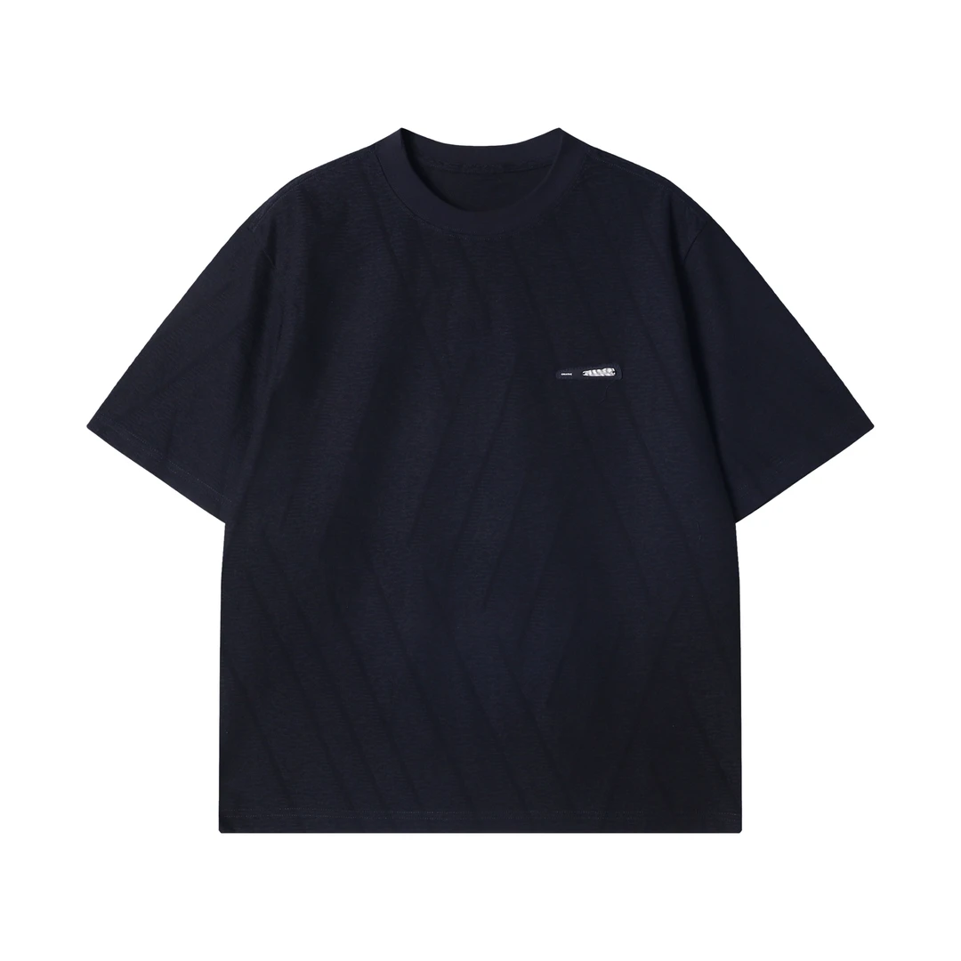 夏季高级感新款美式纯色肌理感条纹圆领短袖T恤简约宽松情侣上衣