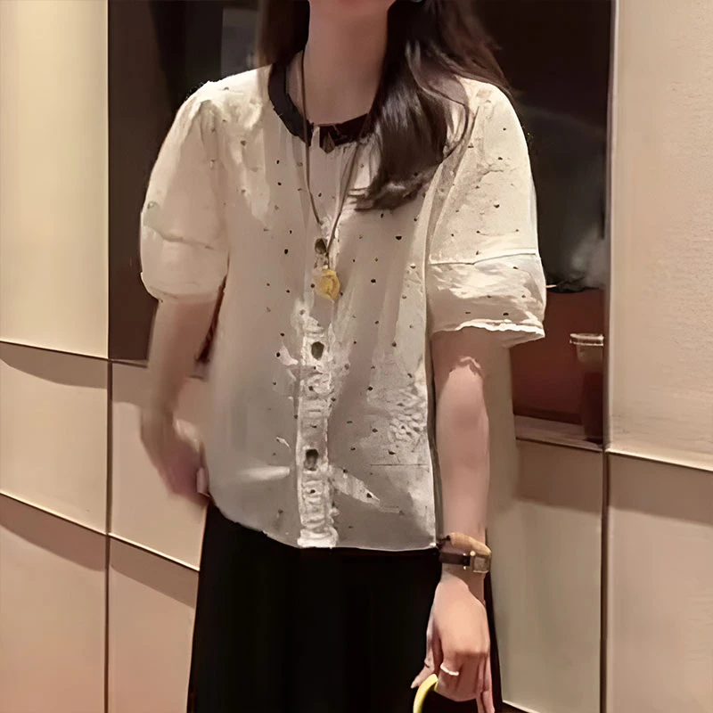 法式减龄气质短袖撞色宽松衬衫女2025新款夏季小众时尚波点上衣女
