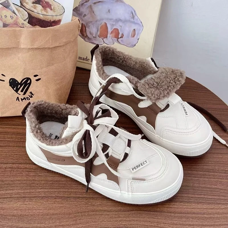 B-9036 咖啡 加绒休闲韩版百搭女鞋2024新款厚底小白鞋复古德训鞋
