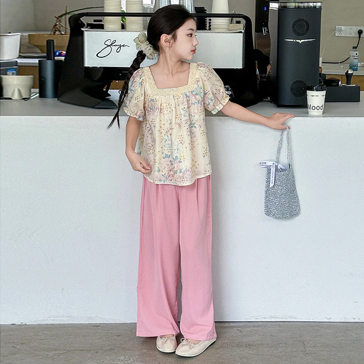 夏季套头碎花薄款女韩版女童套装上衣洋气阔腿时尚气质复古休闲