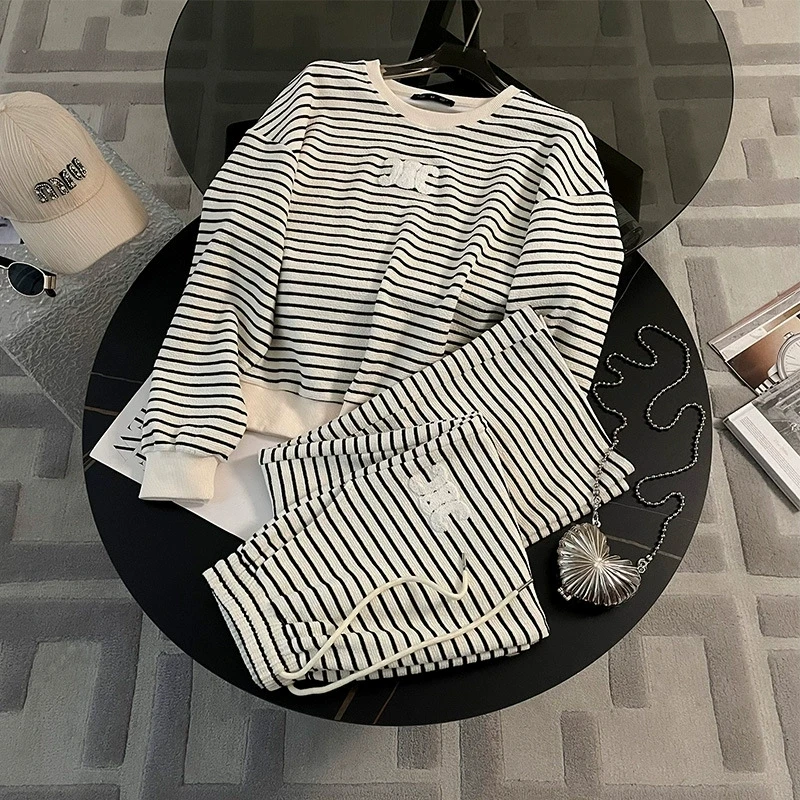 毛巾绣休闲运动服套装女春秋新款时尚条纹上衣阔腿裤两件套6086