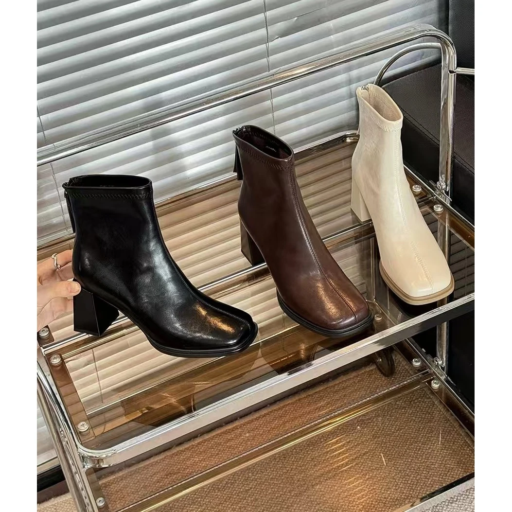 法式短靴2024新款单靴英伦风复古粗跟显脚瘦瘦弹力靴子A11-1903-1