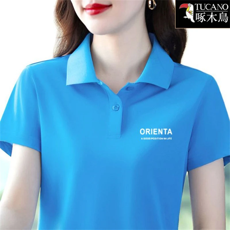 啄木鸟新款减龄女装翻领上衣2025年夏季短袖简约通勤印花大码T恤