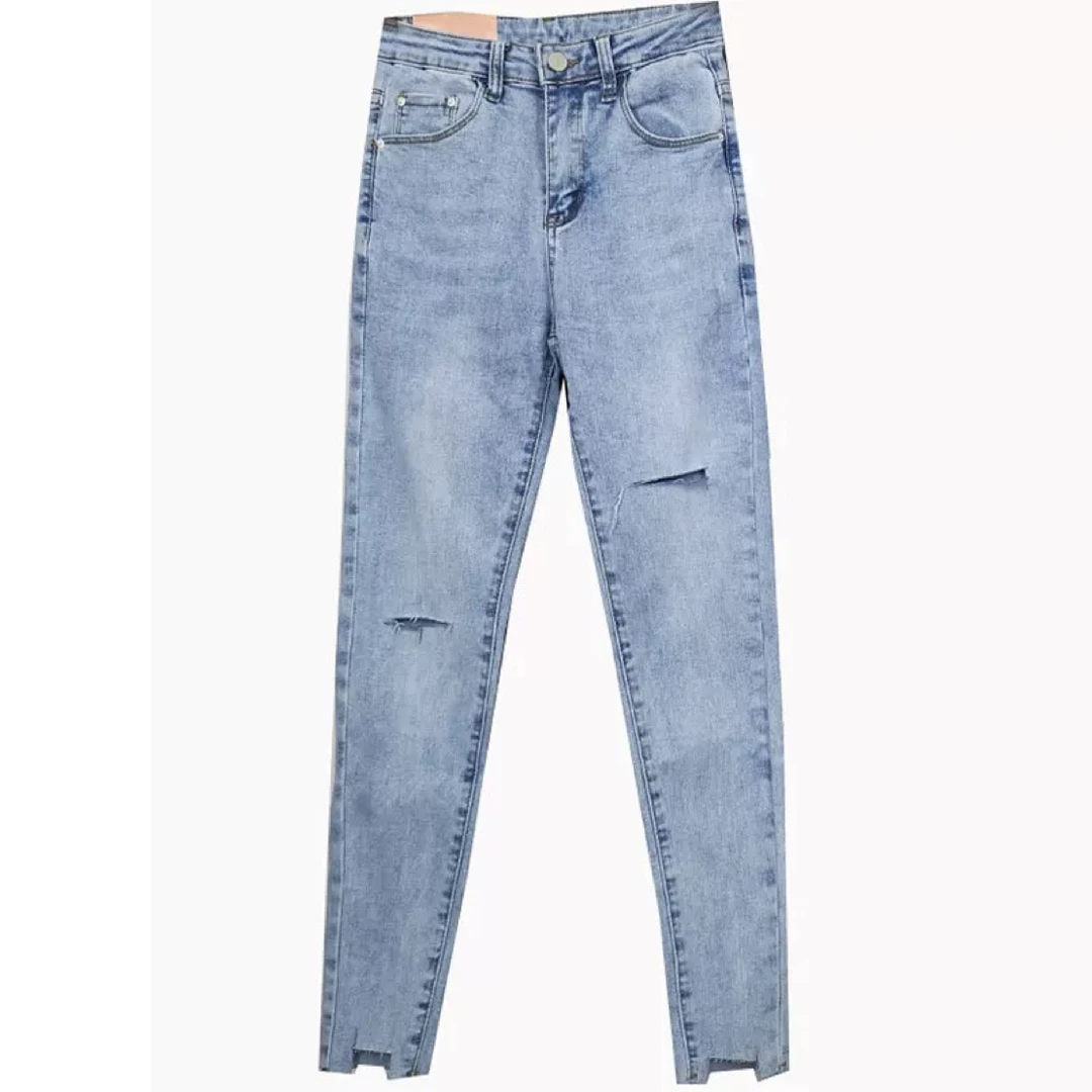 春夏（微次品不退不换）新款破洞水洗女士牛仔长裤小脚直筒九分裤