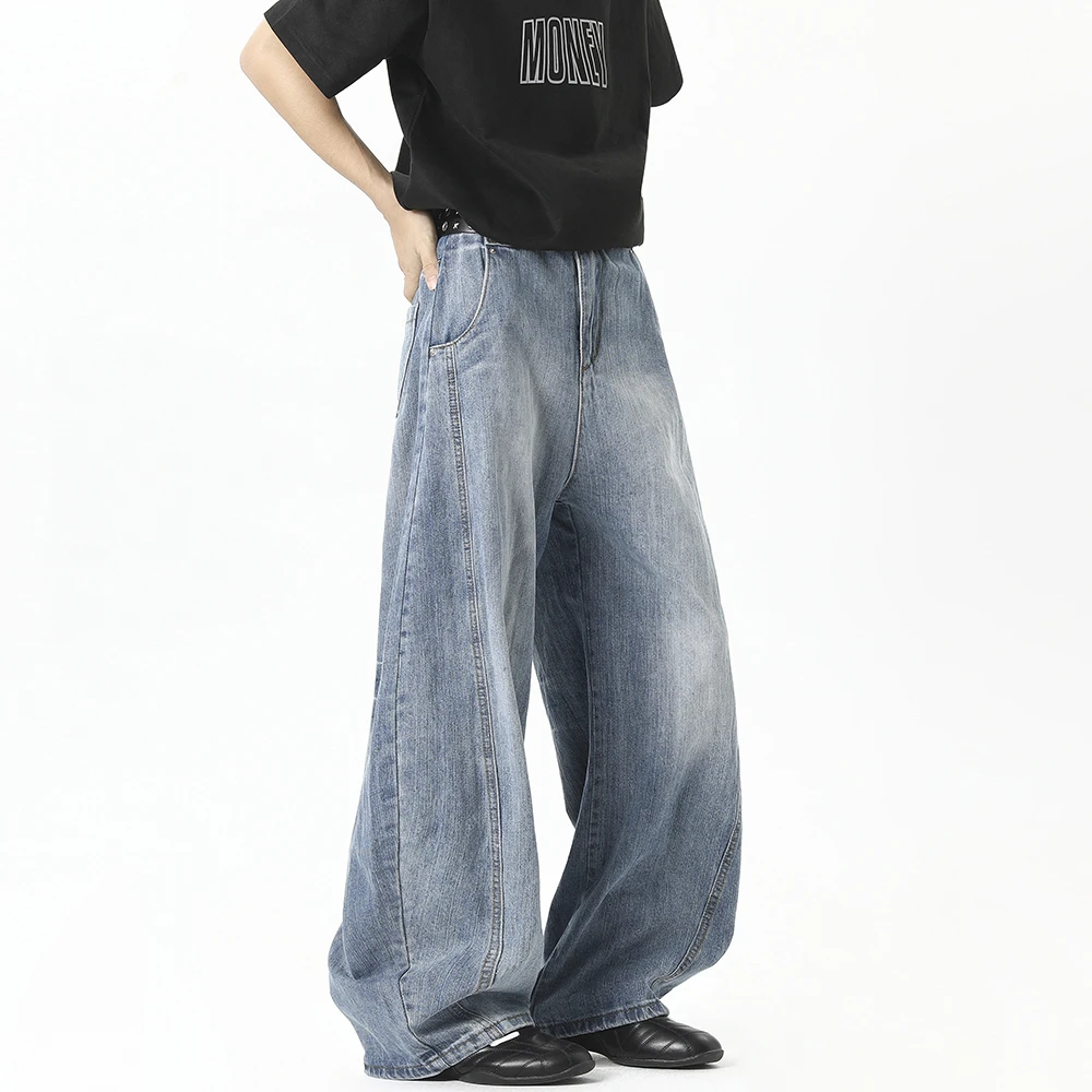 竹节纹弯刀牛仔裤男夏薄款阔腿宽松裤子美式痞帅高级感-0005