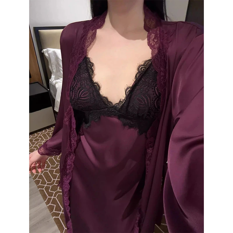 女士纯欲蕾丝吊带睡裙女款夏天2025年新款冰丝开衫睡袍家居服套装